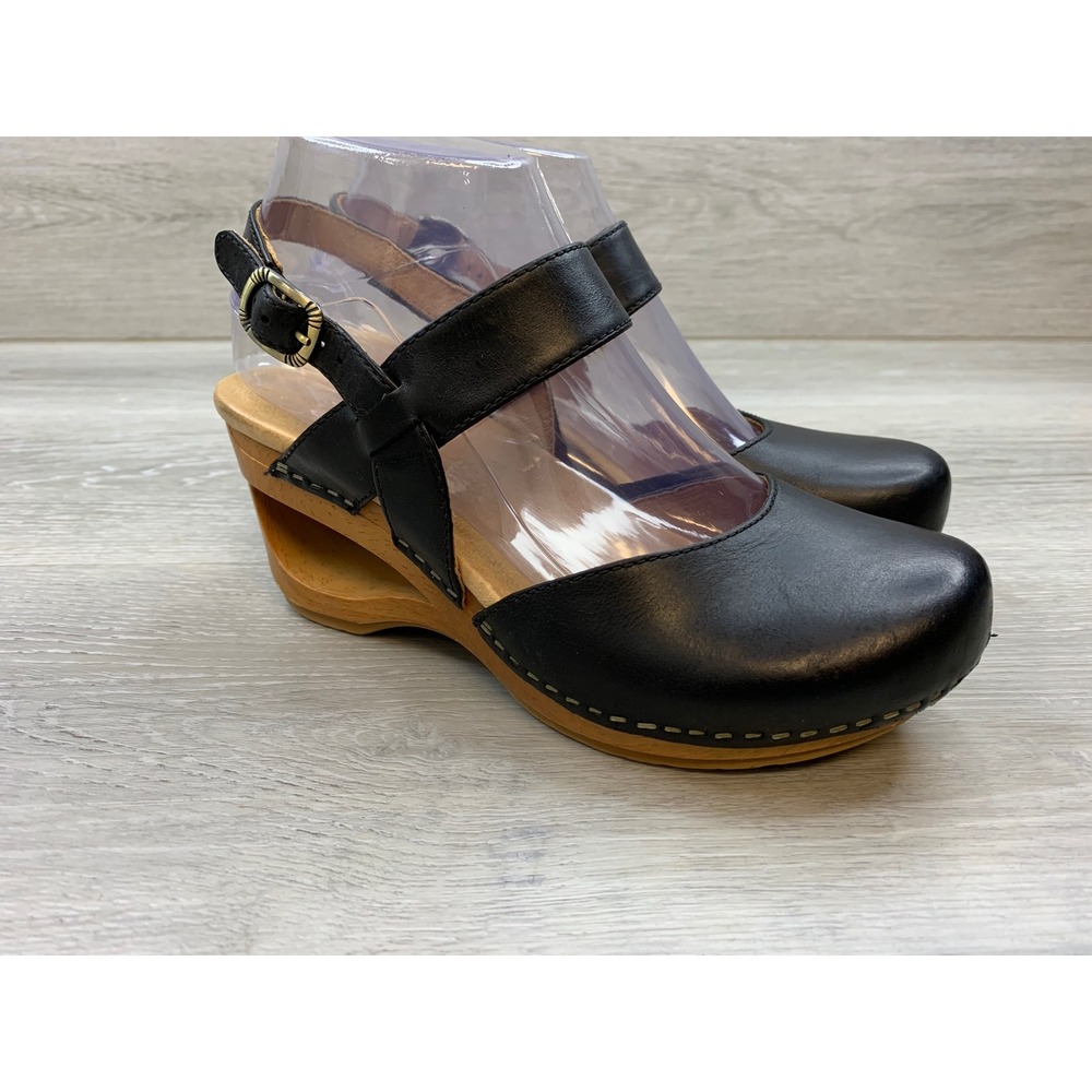Dansko Black Leather Cutout Wedge Mary Jane Clogs Slingback Shoes EU 36 US 5.5-6